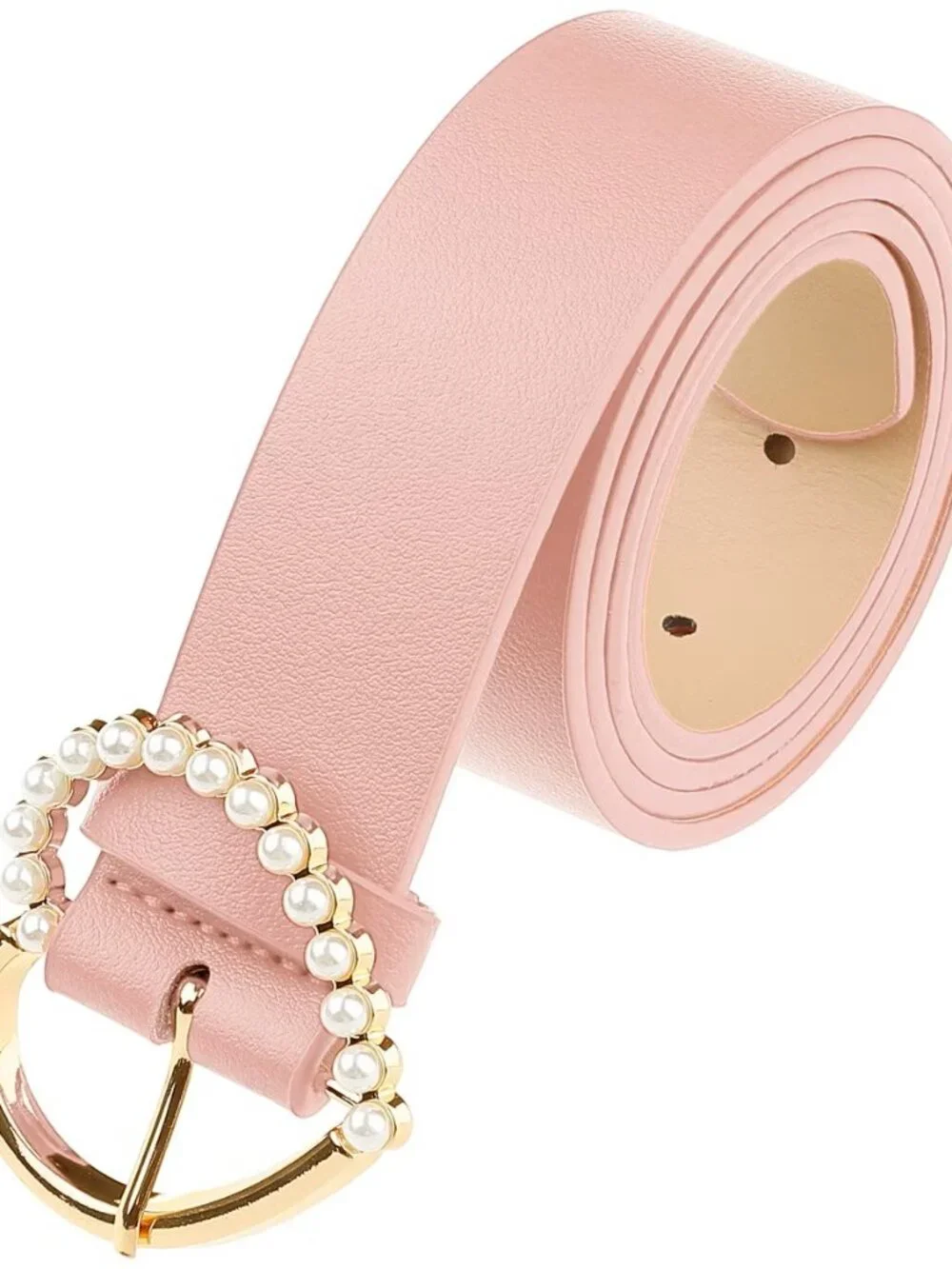 Pink Women’s Pearl Heart Buckle Waist Belt Fashion Dress Accessory Elegant Chic